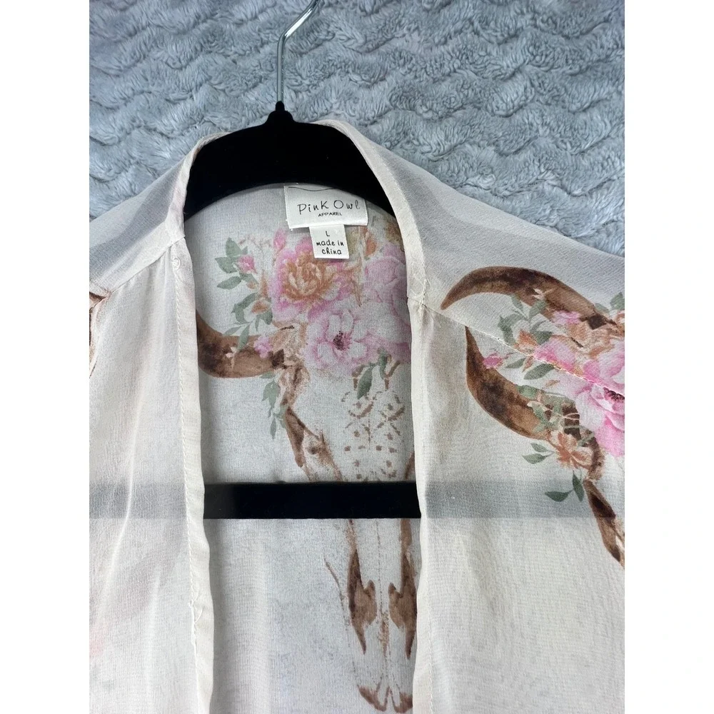Pink Owl Kimono Duster Cardigan Floral Bull Skull‎ Bohemian Festival Cover Up